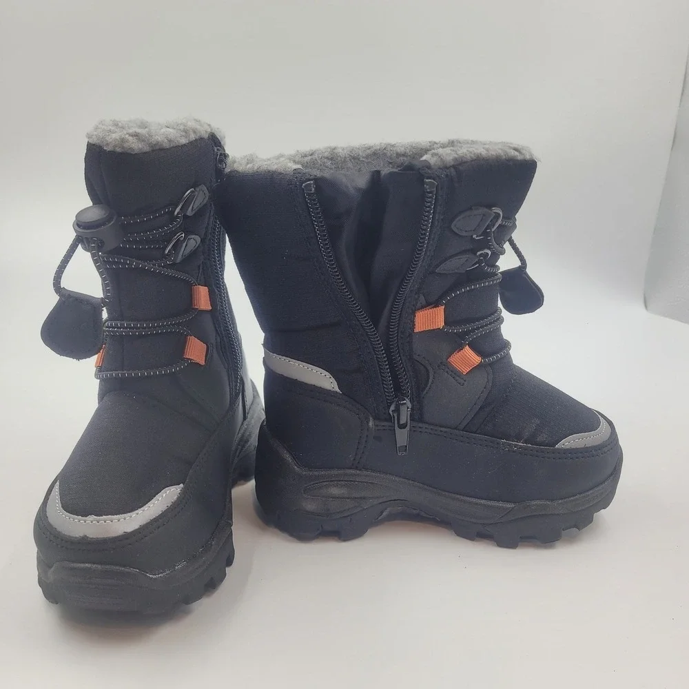 Black Winter Snow Boots Kids Size 8C Faux Fur Lined Bungee Zip Reflective Trim